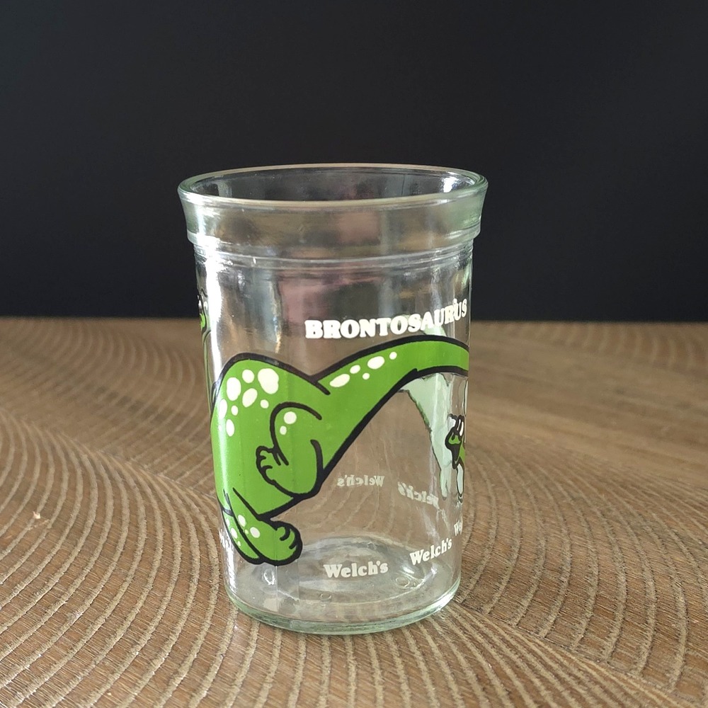 Vintage 1988 Welch's Jelly Jar Juice Glass, Green Dinosaur Brontosaurus, 4"